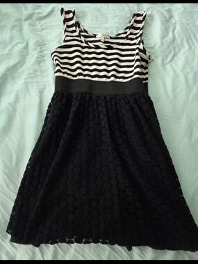 just ginger Black & White Striped Bodice with Black Lace Skirt Dress